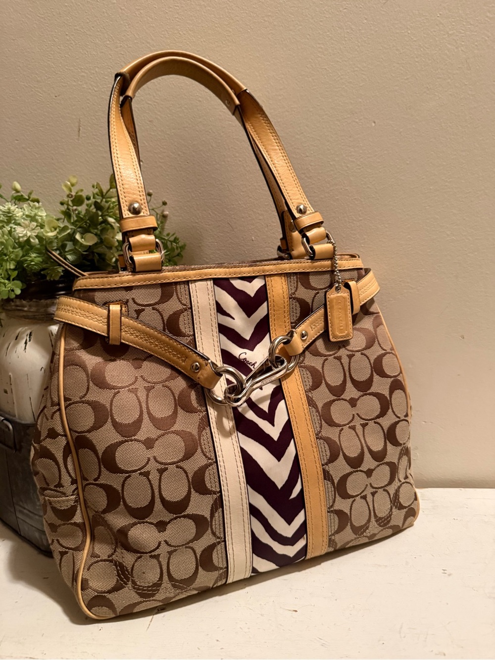 Coach Hampton Signature C Zebra Stripe Tote Bag / Handbag EUC